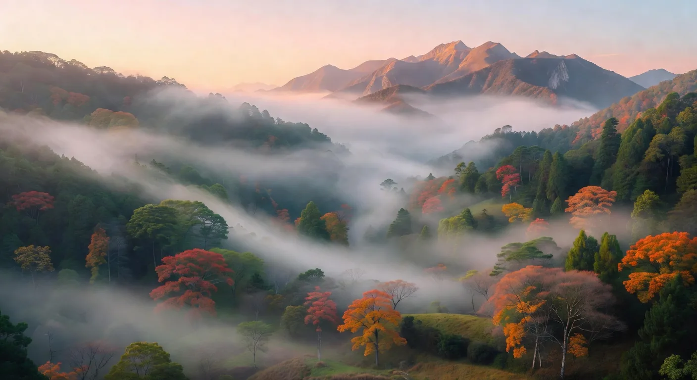 秋の紅葉と霧