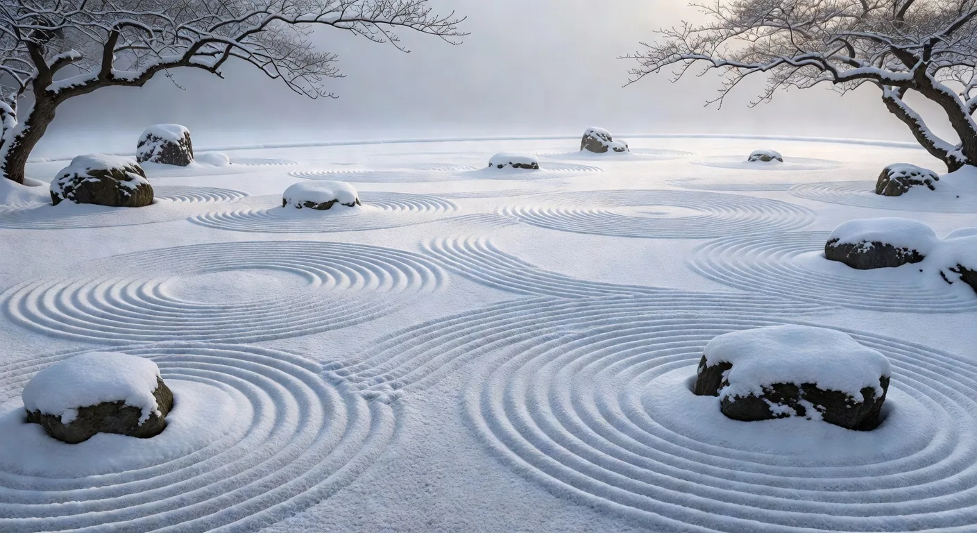 冬の雪に覆われた禅庭園